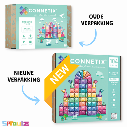 Connetix Pastel Creative Pack voorkant nieuwe verpakking, 104 magnetische tegels voor kinderen vanaf 3 jaar