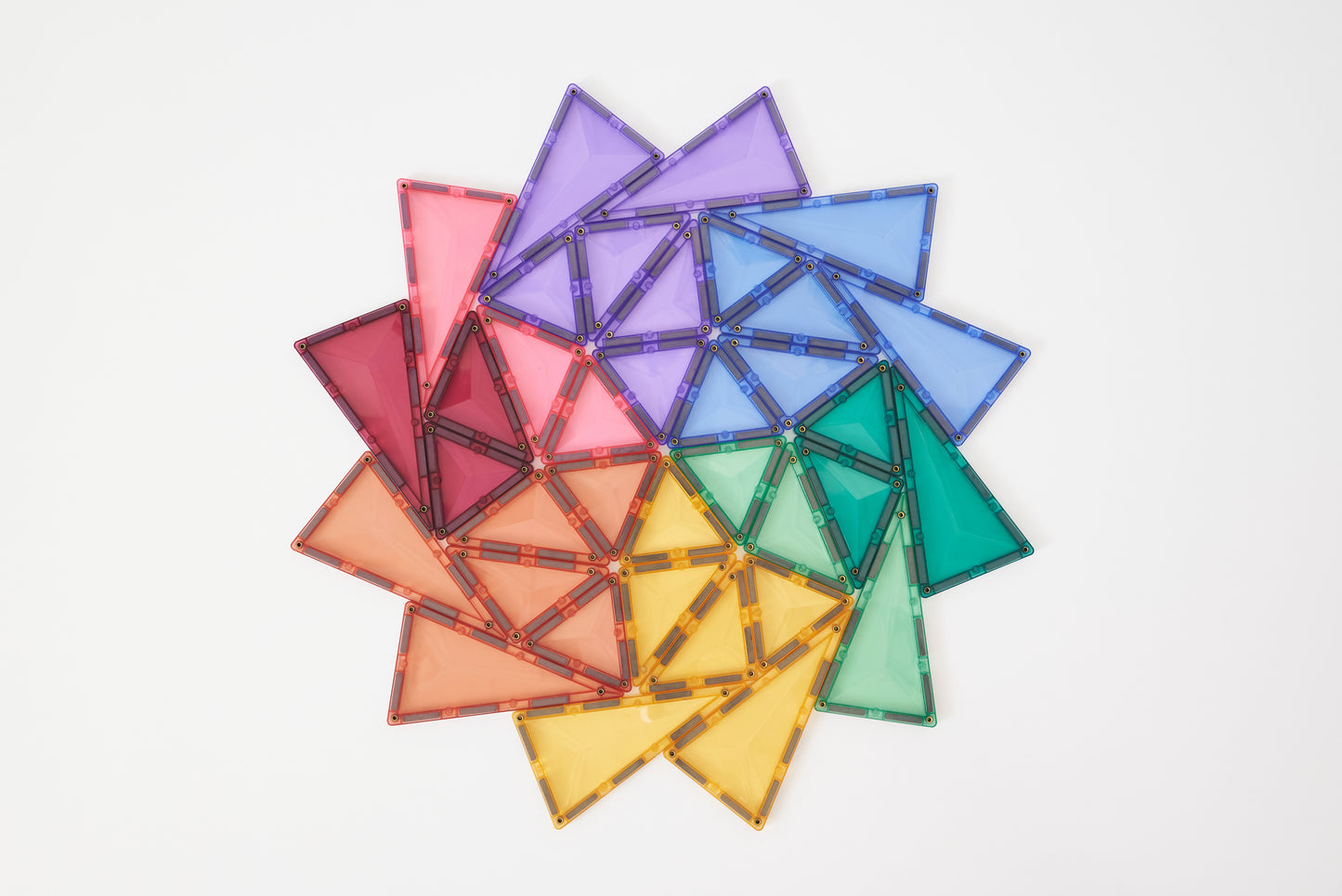 Connetix pastel driehoekige magneet tegels bovenaanzicht mandala patroon in regenboog kleuren