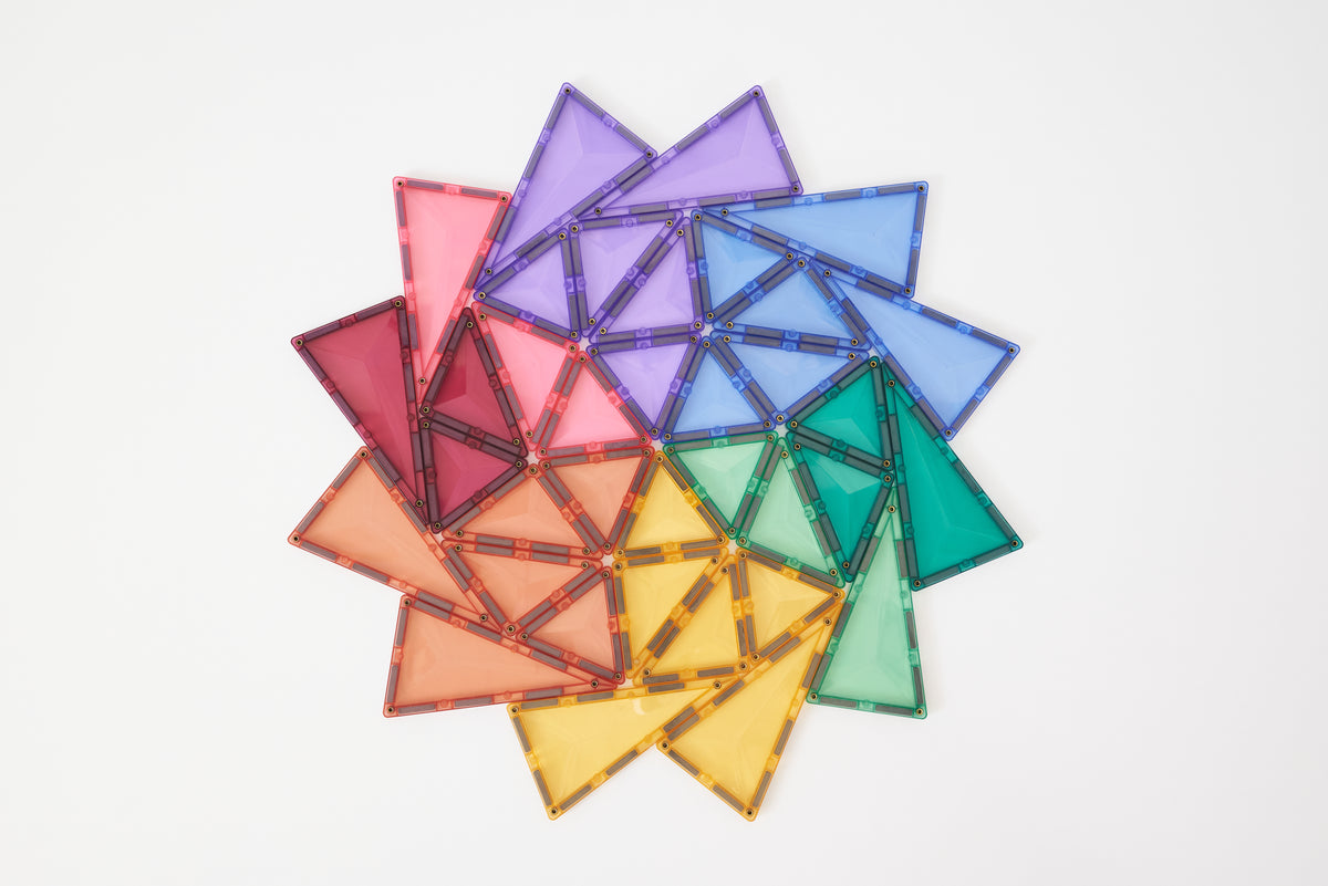 Connetix pastel driehoekige magneet tegels bovenaanzicht mandala patroon in regenboog kleuren