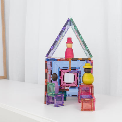 Connetix Pastel Portal Pack huisje constructie met magneten speelgoed en houten poppetjes in natuurlijk licht
