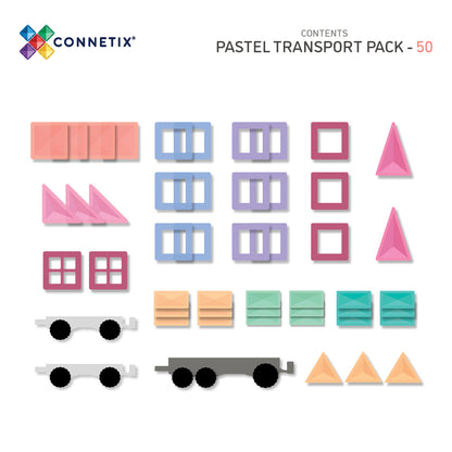 Connetix Pastel Transport Pack inhoud overzicht: 50 stuks magneet speelgoed tegels en accessoires