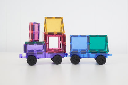 Connetix Pastel magneet speelgoed trein constructie zijaanzicht met gele, roze en blauwe tegelelementen