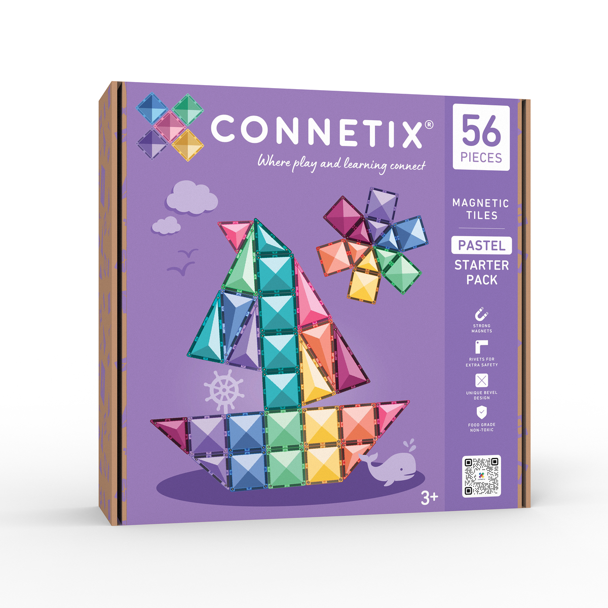 Connetix Pastel Starter Pack 56 doos voorkant met gekleurde magnetische tegels zeilboot 3+