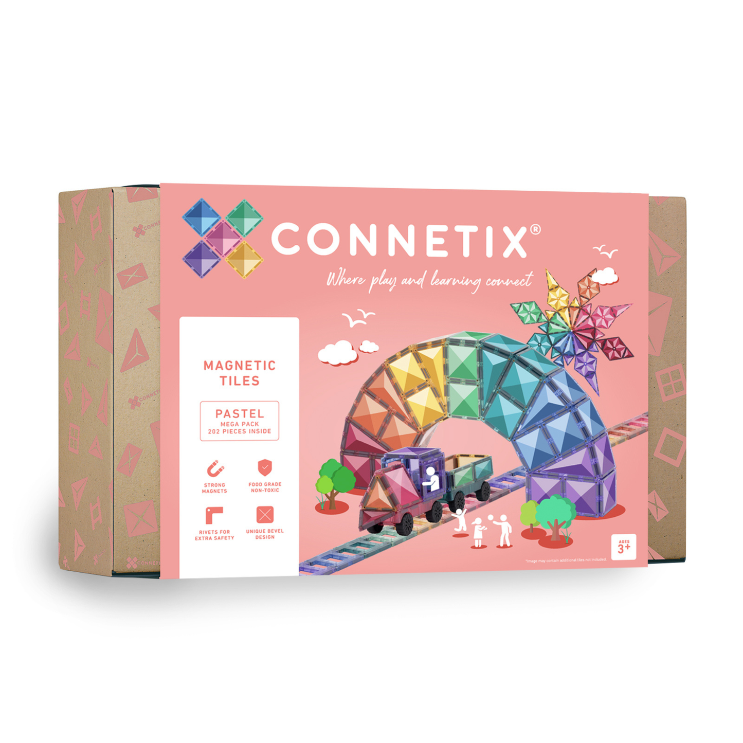 Connetix Pastel Mega Pack 202pc doos schuin aanzicht met Magnetic Tiles en regenboog op verpakking
