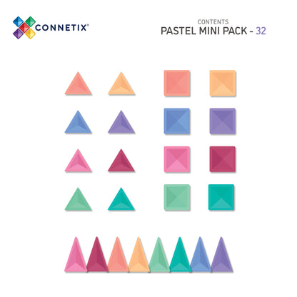 Connetix Pastel Mini Pack 32 stuks inhoudoverzicht met driehoeken en vierkante tegels