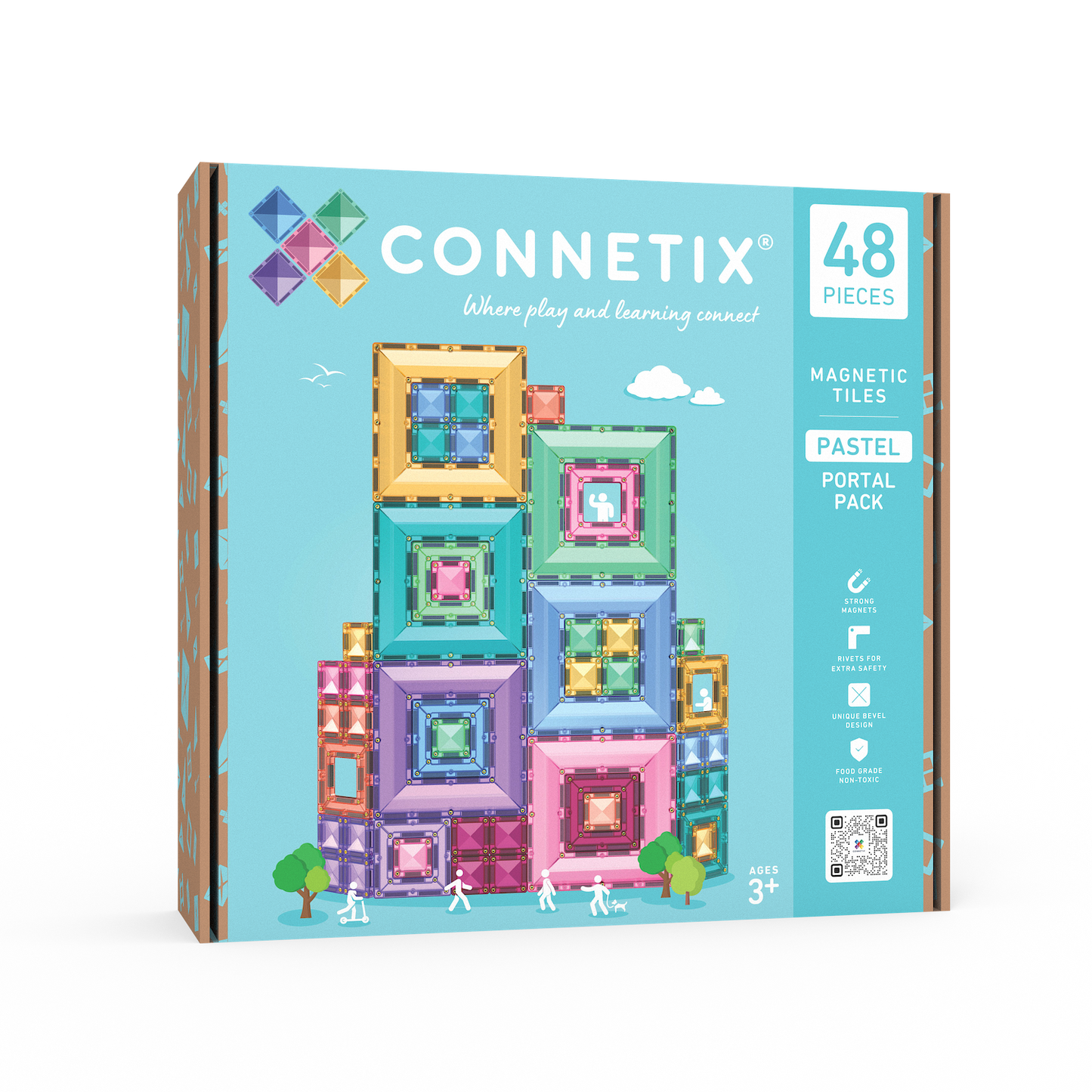 Connetix Pastel Portal Pack 48pc voorkant verpakking met magnetisch speelgoed op blauwe achtergrond