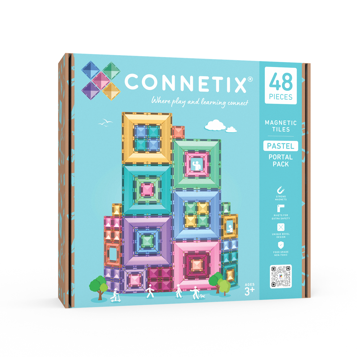 Connetix Pastel Portal Pack 48pc voorkant verpakking met magnetisch speelgoed op blauwe achtergrond