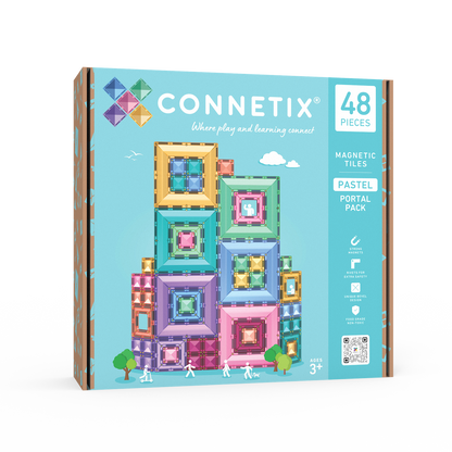 Connetix Pastel Portal Pack 48pc voorkant verpakking met magnetisch speelgoed op blauwe achtergrond