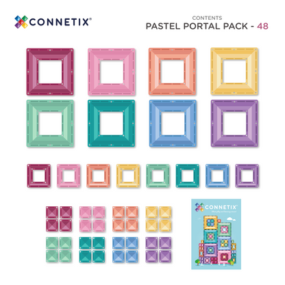 Connetix Pastel Portal Pack inhoud overzicht met 48 magnetische tegels in verschillende kleuren en formaten
