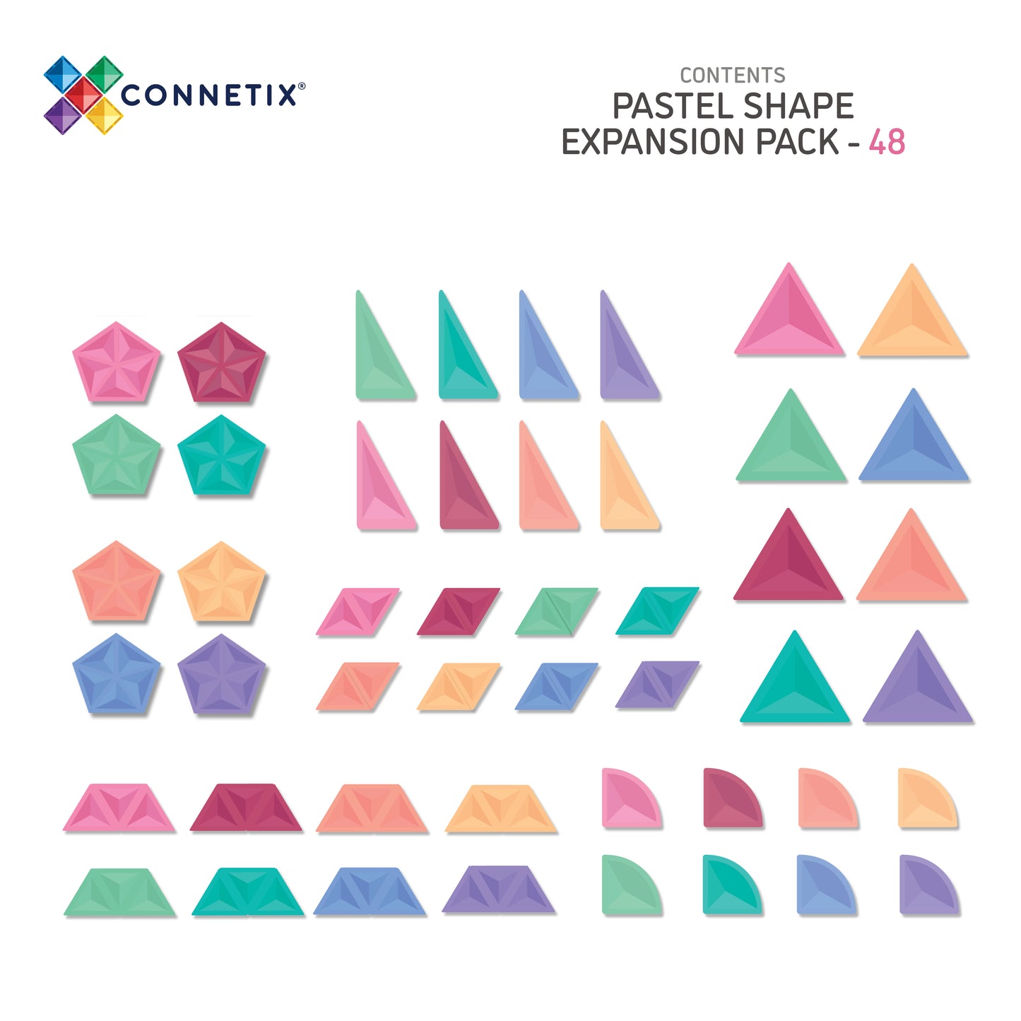 Inhoud overzicht Connetix Pastel Shape Expansion Pack 48pc met vijfhoeken, driehoeken, ruiten en kwartcirkels
