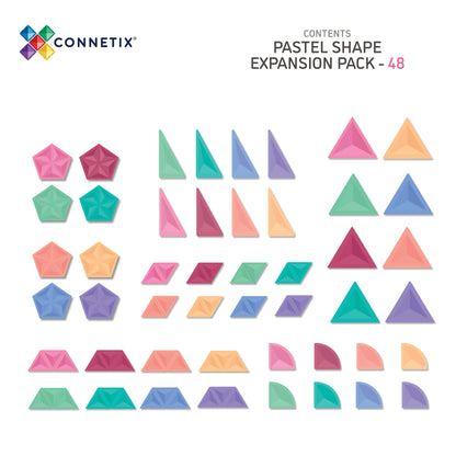 Inhoud overzicht Connetix Pastel Shape Expansion Pack 48pc met vijfhoeken, driehoeken, ruiten en kwartcirkels