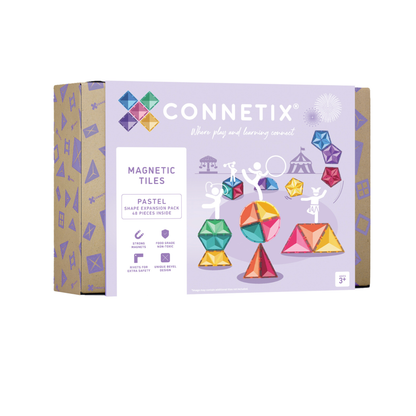 Voorkant verpakking Connetix Pastel Shape Expansion Pack 48pc Magnetic Tiles doos voor kinderen 3+