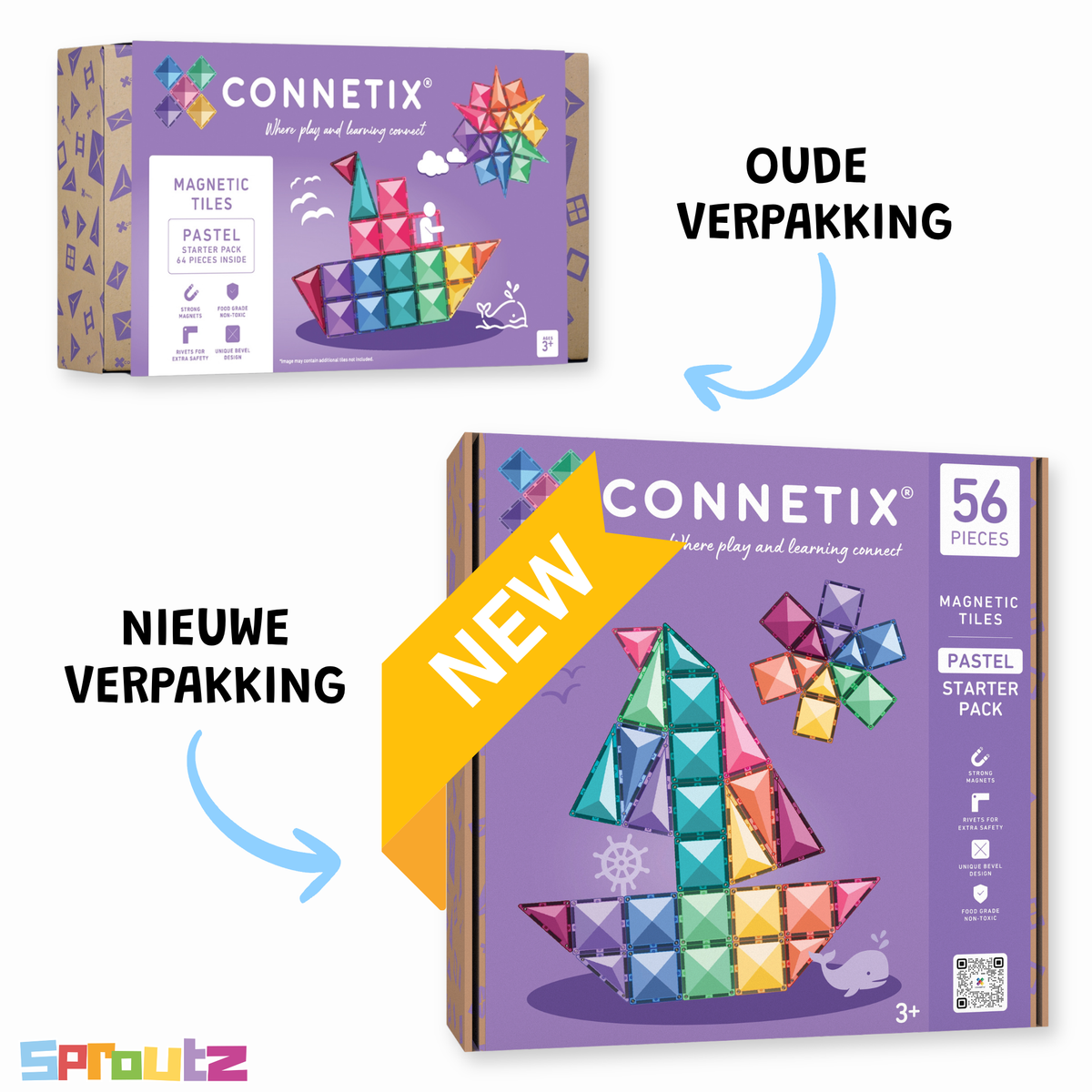 Connetix Pastel Starter Pack 56 verpakking voorkant paarse doos met magnetische tegels zeilboot
