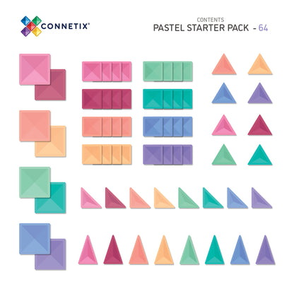 Overzicht inhoud Connetix Pastel Starter Pack 64pc met vierkante, rechthoekige en driehoekige magneet tegels