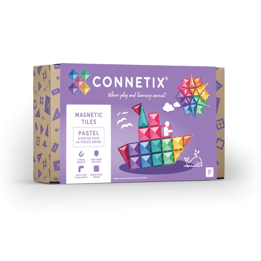 Voorkant verpakking Connetix Pastel Starter Pack 64pc Magnetic Tiles doos met paarse achtergrond, 3+ jaar