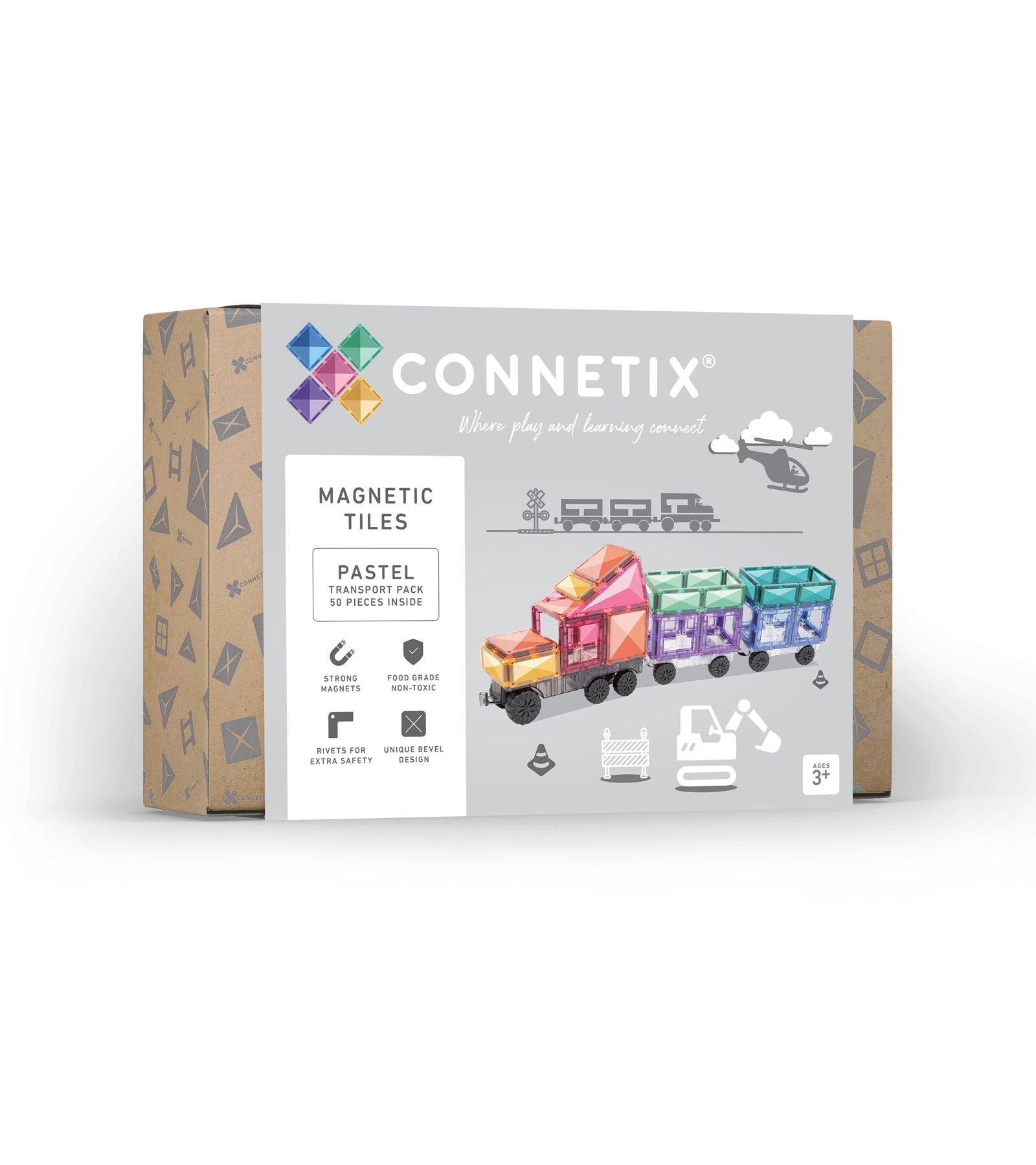 Connetix Pastel Transport Pack voorkant verpakking met 50 magnetische tegels en trein illustratie