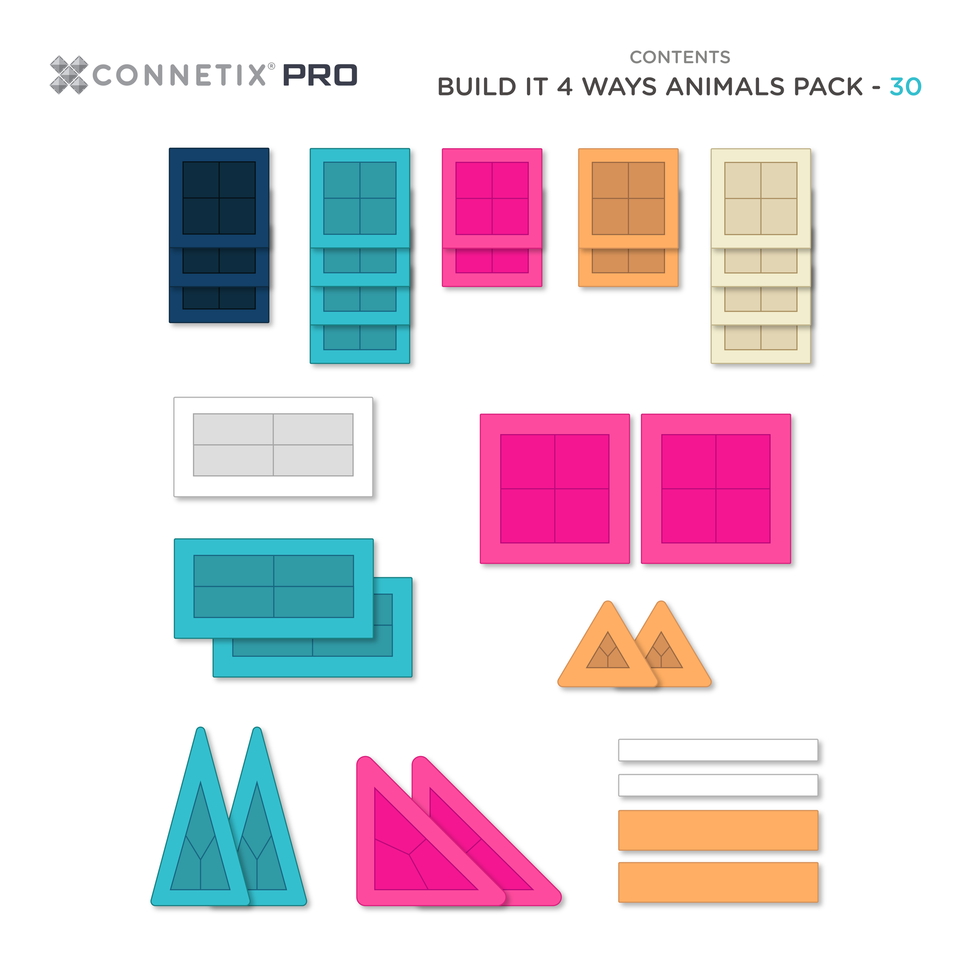 Connetix PRO Build It Animals Pack inhoud overzicht met 30 kleurrijke magnetische tegels