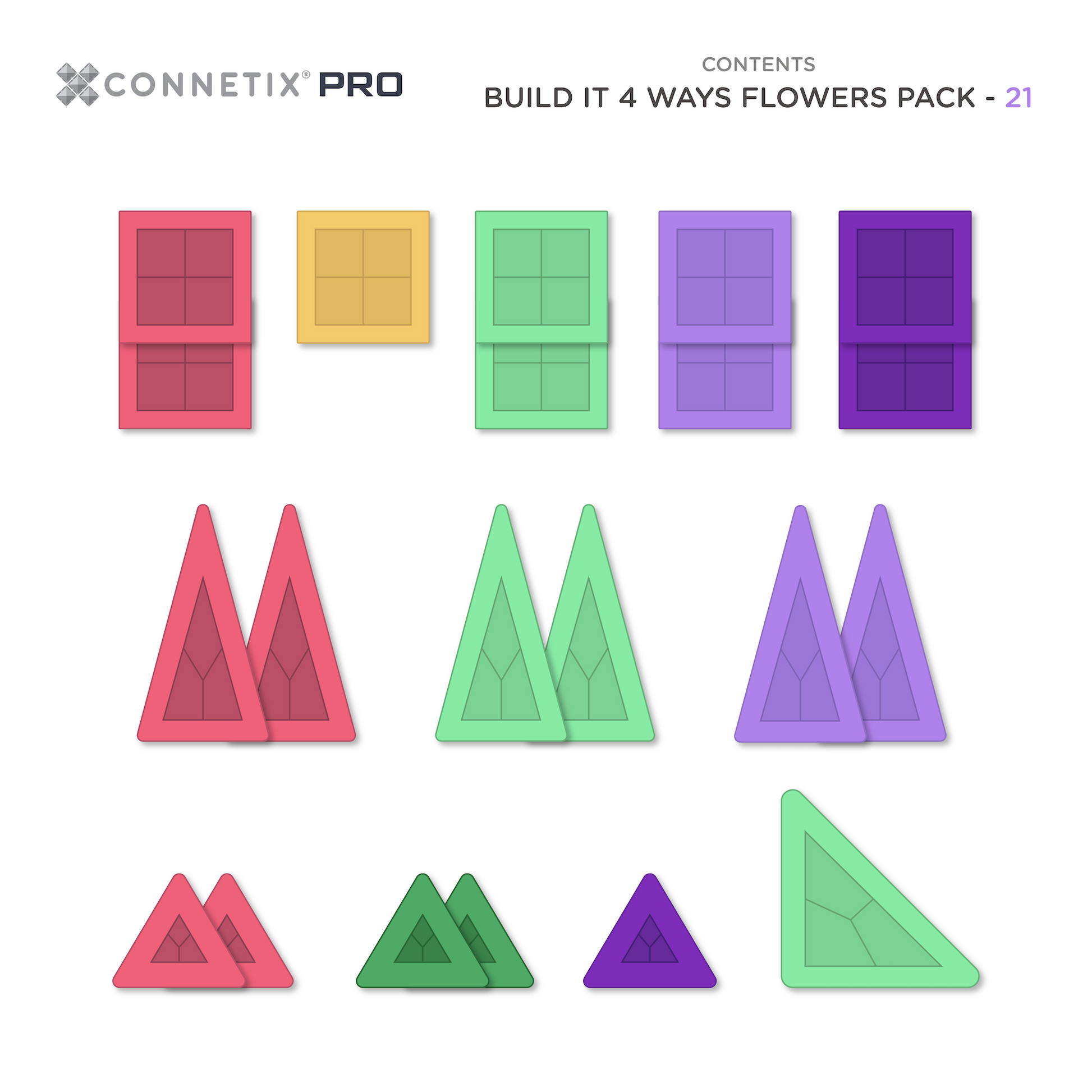 Connetix PRO Build It 4 Ways Flowers Pack inhoud overzicht met 21 gekleurde magnetische tegels