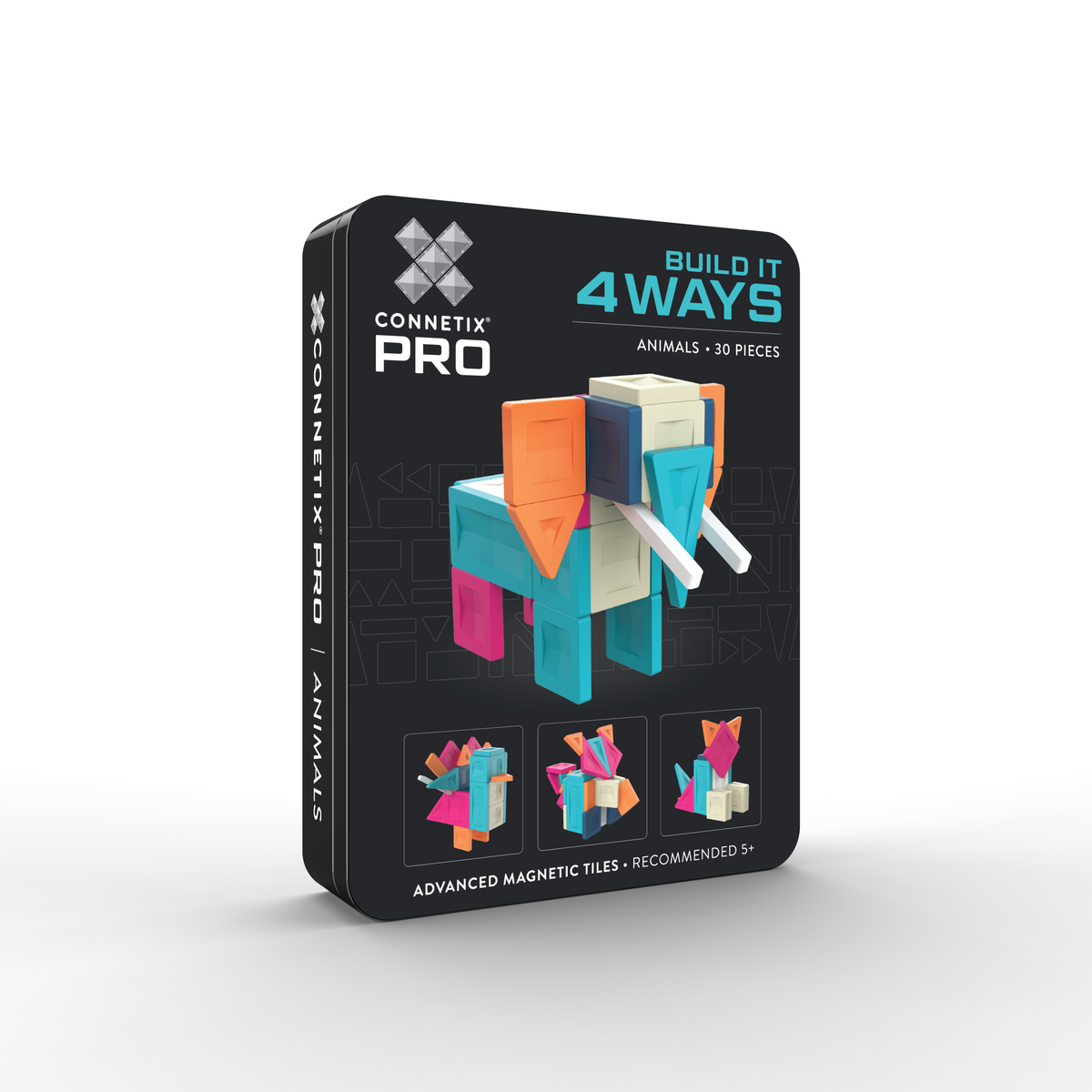Connetix PRO Build It Animals Pack voorkant verpakking met 30 magnetische tegels in zwarte tin