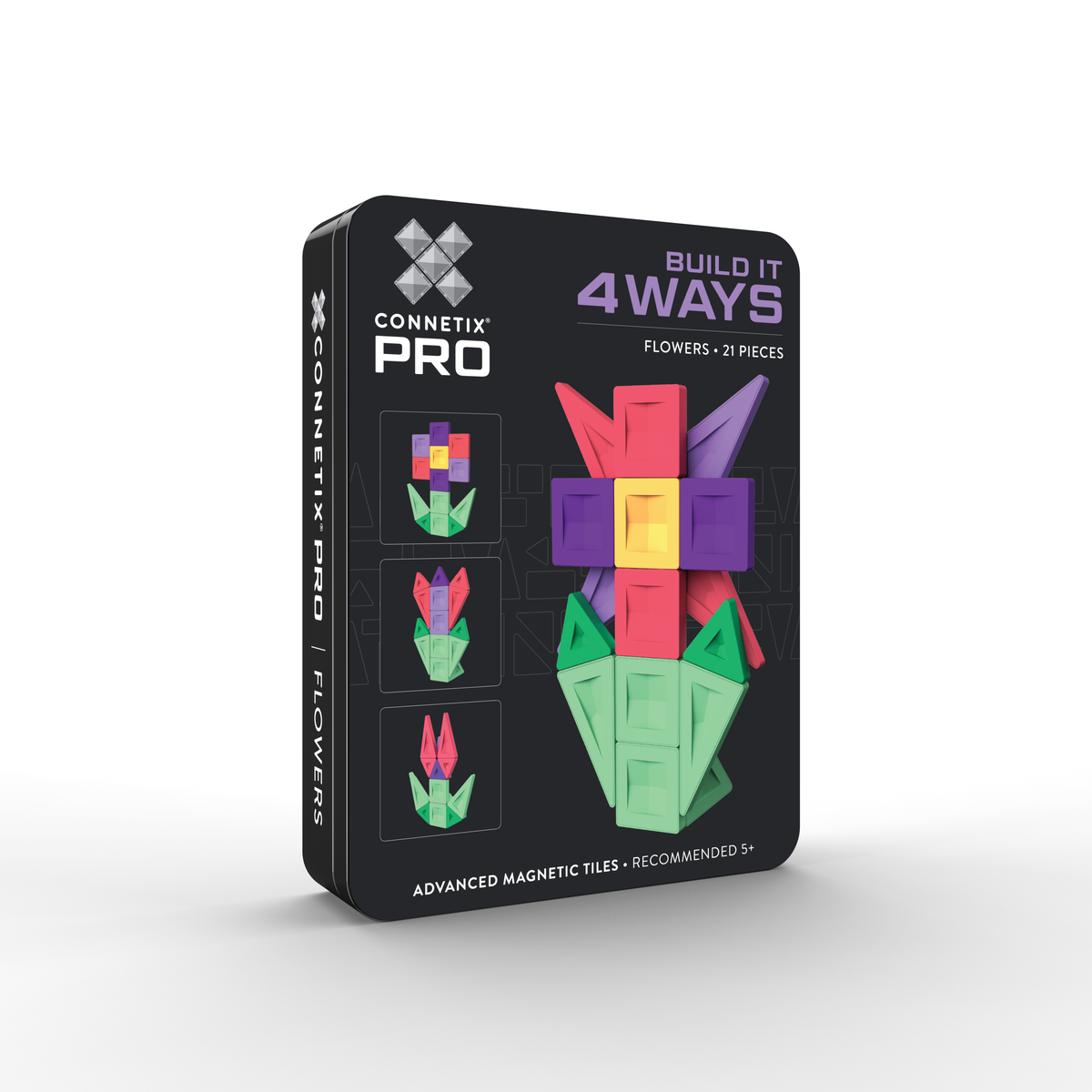 Connetix PRO Build It Flowers Pack voorkant verpakking met 21 magnetische tegels en 4 bouwvarianten