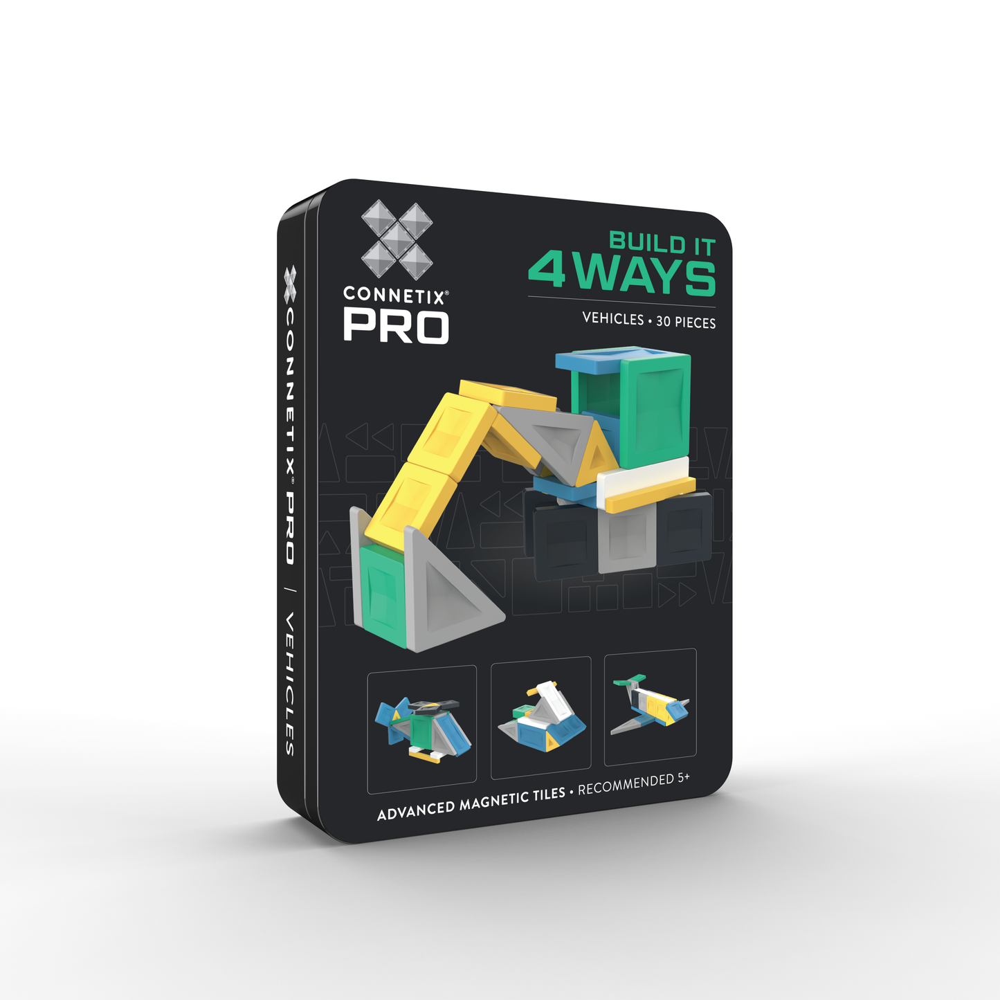 Connetix PRO Build It Vehicles Pack voorkant verpakking met grafisch voertuig en 30 magnetische tegels