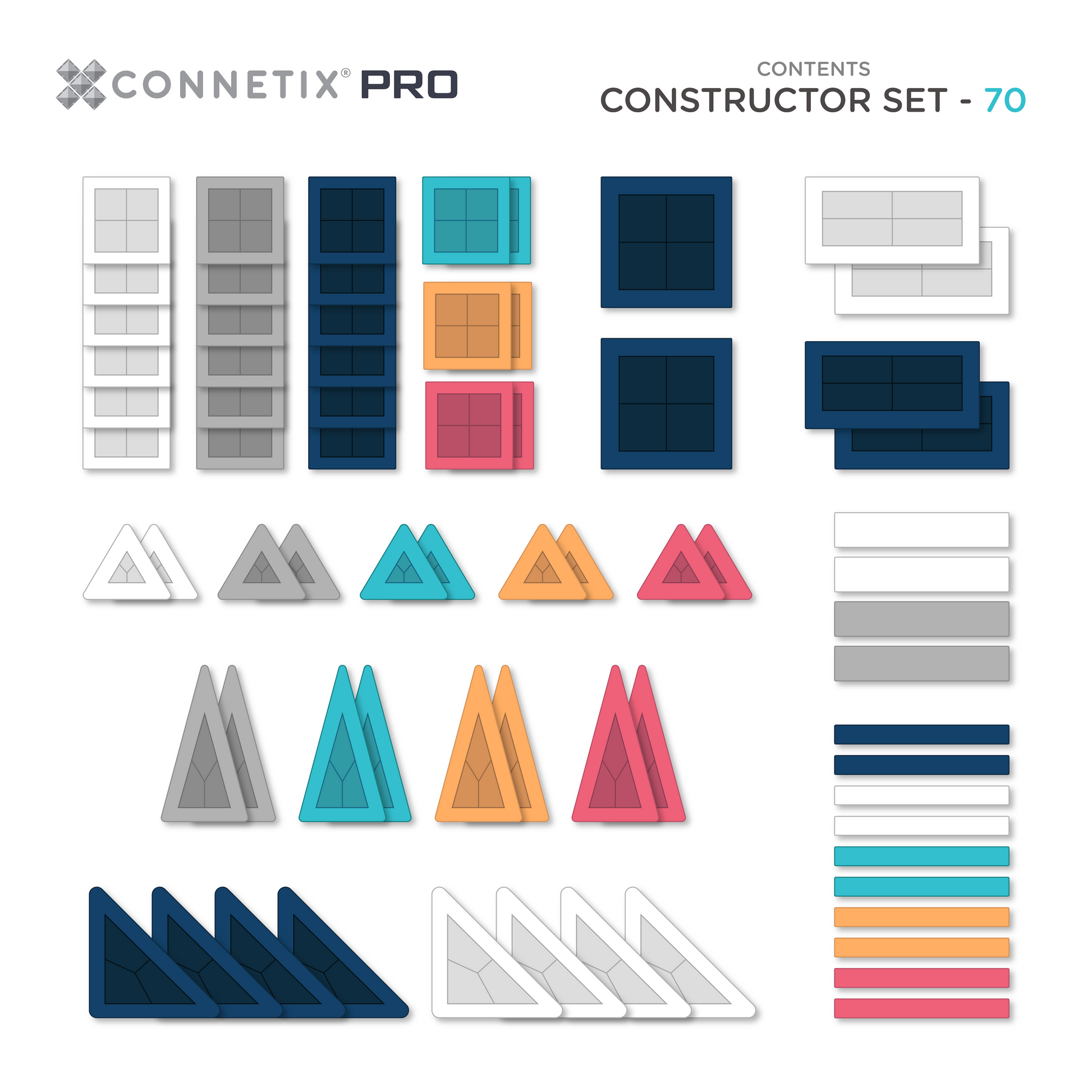 Compleet inhoudoverzicht Connetix PRO Constructor Set 70pc met 70 magnetische tegels in diverse vormen en kleuren