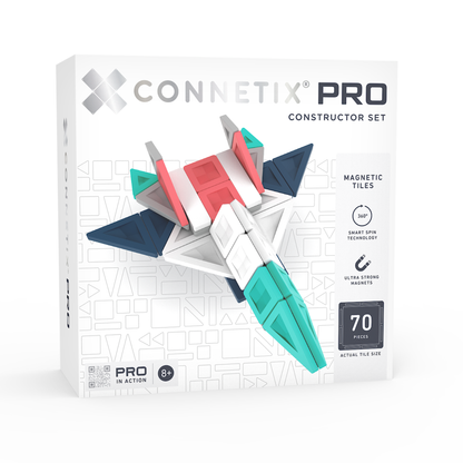Voorkant verpakking Connetix PRO Constructor Set 70pc met vliegtuig, Magnetic Tiles, Smart Spin Technology, 8+