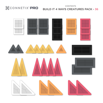 Connetix PRO Creatures Pack inhoud overzicht 36 magnetische tegels vierkanten driehoeken kleuren