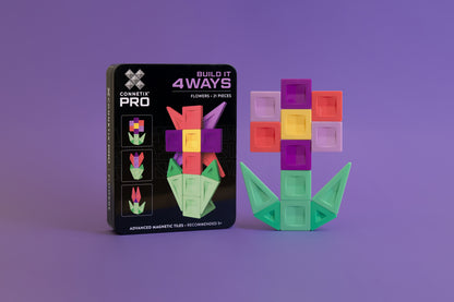 Connetix PRO Build It 4 Ways verpakking met magnetische bloem en Smart Spin technologie op paarse achtergrond