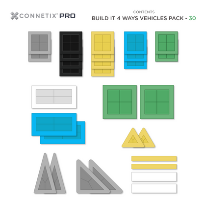 Connetix PRO Build It Vehicles Pack inhoud overzicht: 30 magnetische tegels in groen, blauw, geel, grijs