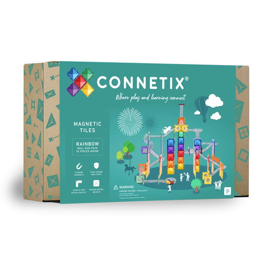 Voorkant verpakking Connetix Rainbow Ball Run Pack 92pc doos met magnetic tiles, 92 stuks, 3+