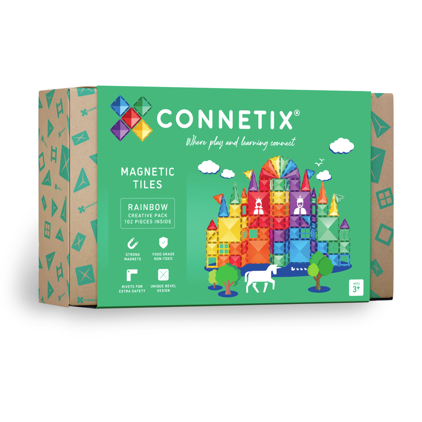 Voorkant verpakking Connetix Rainbow Creative Pack 102pc magnetische tegels, 102 stuks, geschikt vanaf 3 jaar