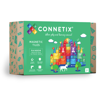 Voorkant verpakking Connetix Rainbow Creative Pack 102pc magnetische tegels, 102 stuks, geschikt vanaf 3 jaar