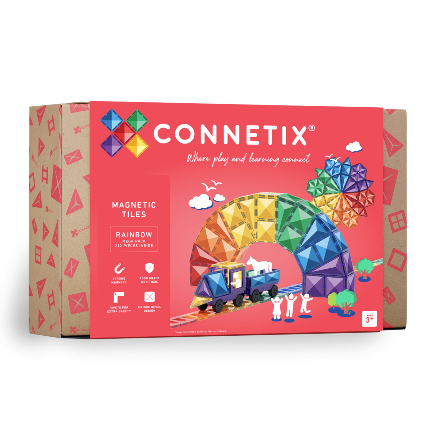 Voorkant verpakking Connetix Rainbow Mega Pack 212pc, magnetische tegels voor kinderen vanaf 3 jaar, 212 stukken