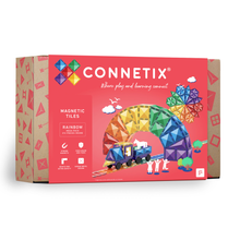 Connetix Rainbow Mega Pack 212pc voorkant verpakking met magnetische tegels en regenboogboog illustratie
