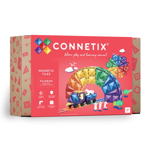 Connetix Rainbow Mega Pack 212pc voorkant verpakking met magnetische tegels en regenboogboog illustratie