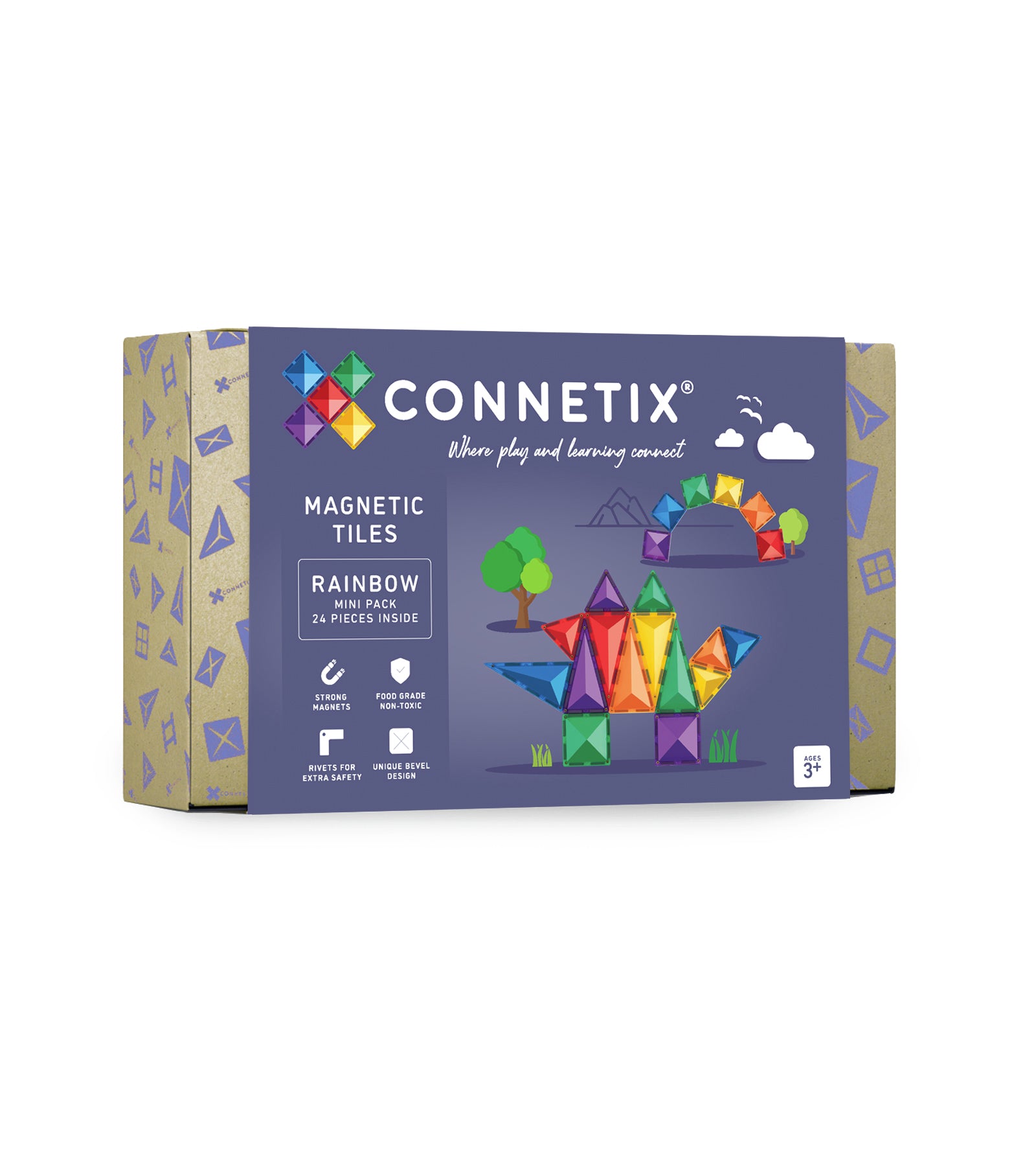 Connetix Rainbow Mini Pack voorkant verpakking met 24 magnetische tegels in paarse doos