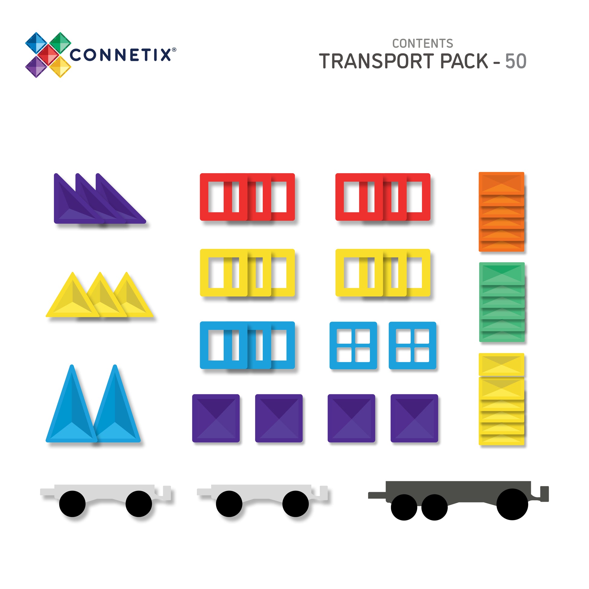 Overzicht inhoud Connetix Rainbow Transport Pack 50pc met magnetische tegels, driehoeken en wielonderstellen