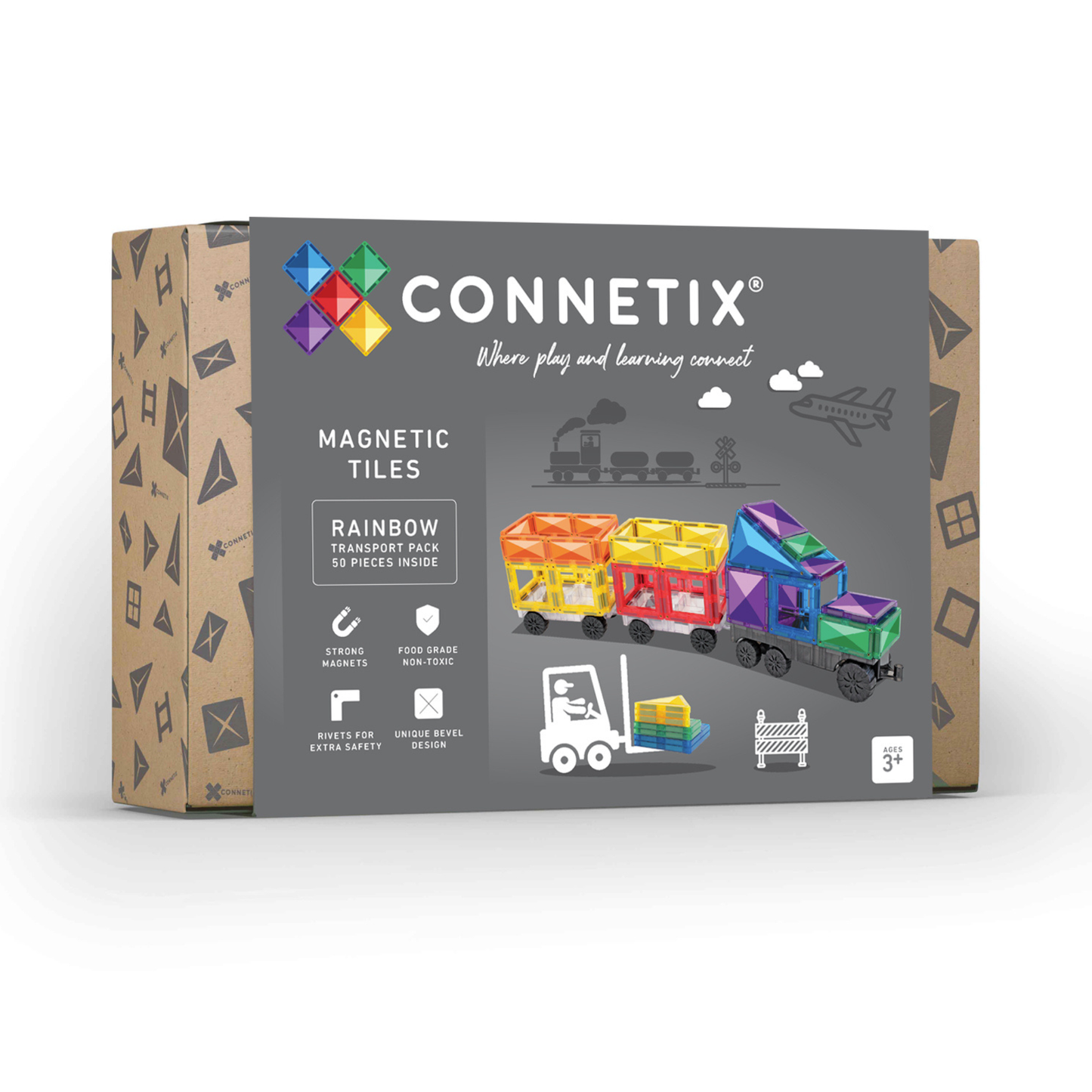 Voorkant verpakking Connetix Rainbow Transport Pack 50pc Magnetic Tiles doos met leeftijd 3+ label