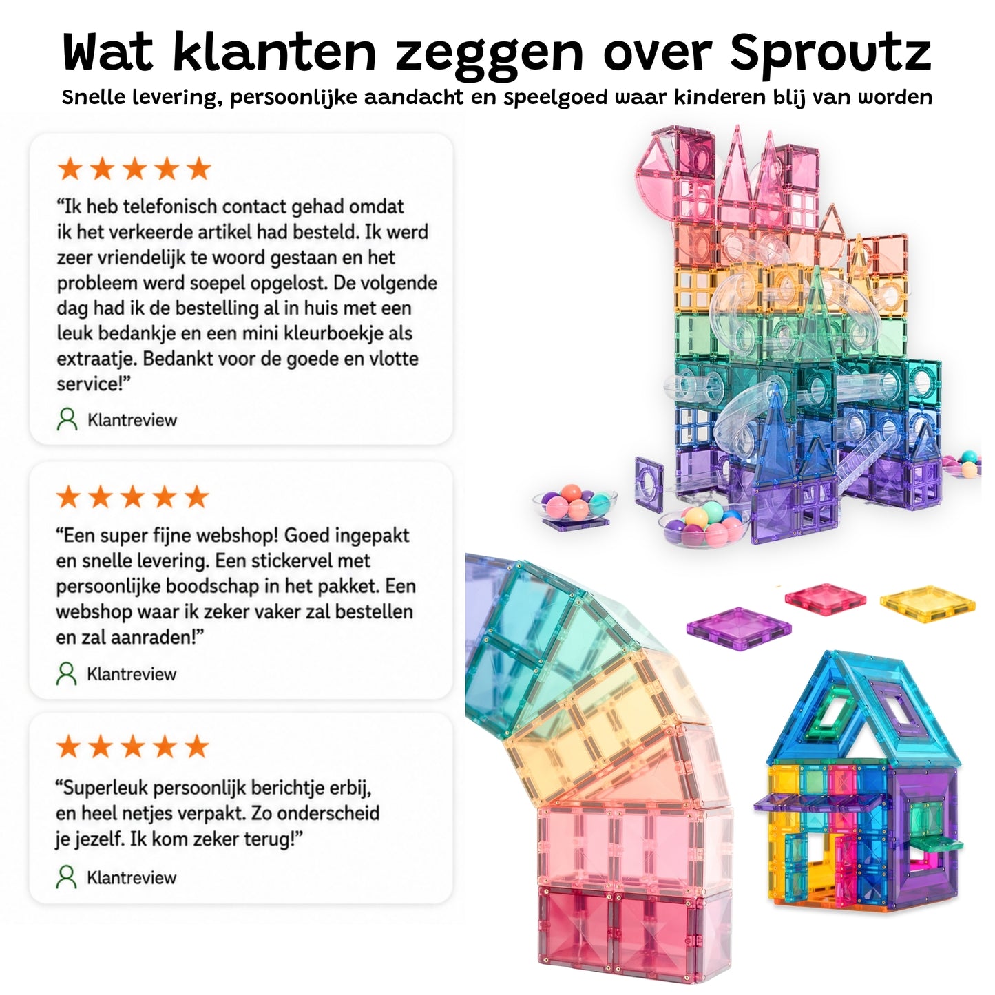 Klantreviews Sproutz - 5 sterren beoordelingen Connetix speelgoed met regenboogkleuren magnetische tegels