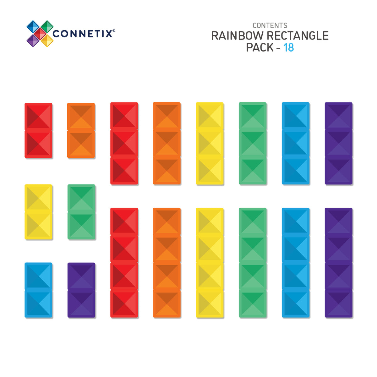 Connetix Rectangle Pack inhoud overzicht, 18 speelgoed met magneten in rainbow kleuren voorkantweergave