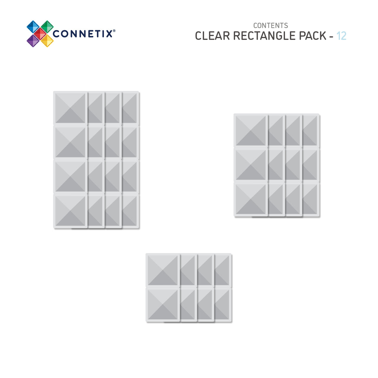 Connetix Clear Rectangle Pack inhoud overzicht 12 transparante rectangle tegels configuraties schematisch