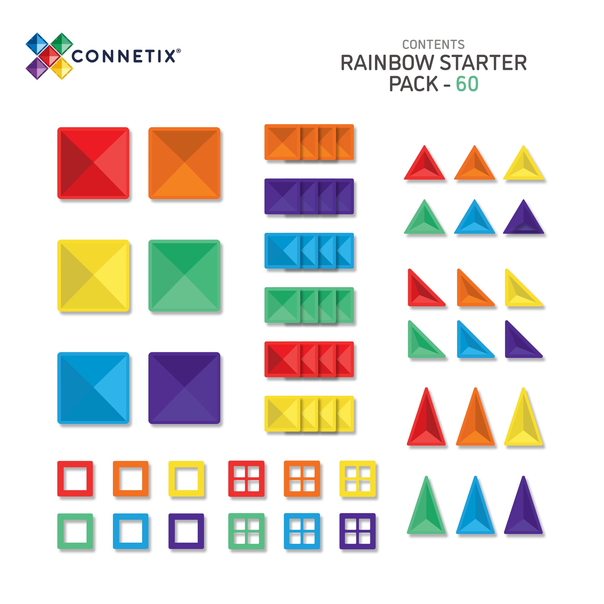 Inhoud Connetix Rainbow Starter Pack 60pc – overzicht magnetische tegels, vierkanten en driehoeken