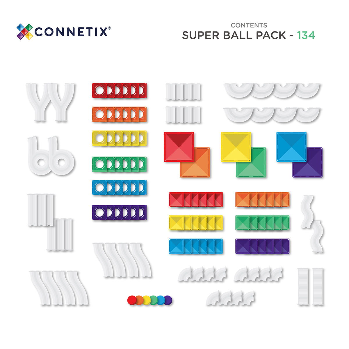 Connetix Super Ball Run Pack 134pc complete inhoud met magneet tegels en knikkerbaan onderdelen