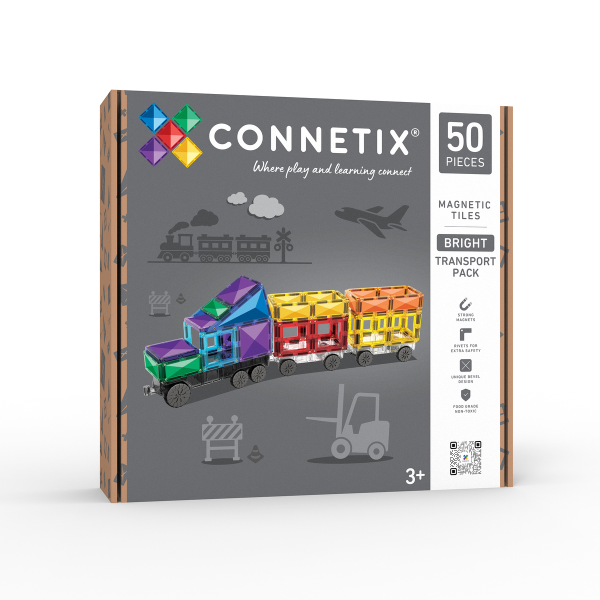 Connetix Bright Transport Pack 50 pieces - voorkant doos met magnetische tegels trein voor kinderen 3+