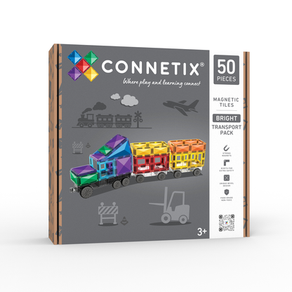 Connetix Bright Transport Pack 50 pieces - voorkant doos met magnetische tegels trein voor kinderen 3+