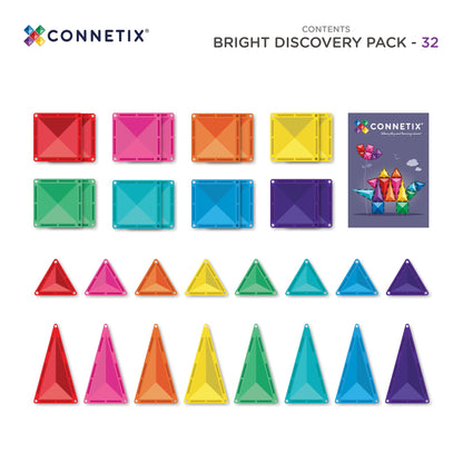 Connetix Bright Discovery Pack inhoud overzicht met 32 magneten speelgoed tegels in 8 kleuren en handleiding