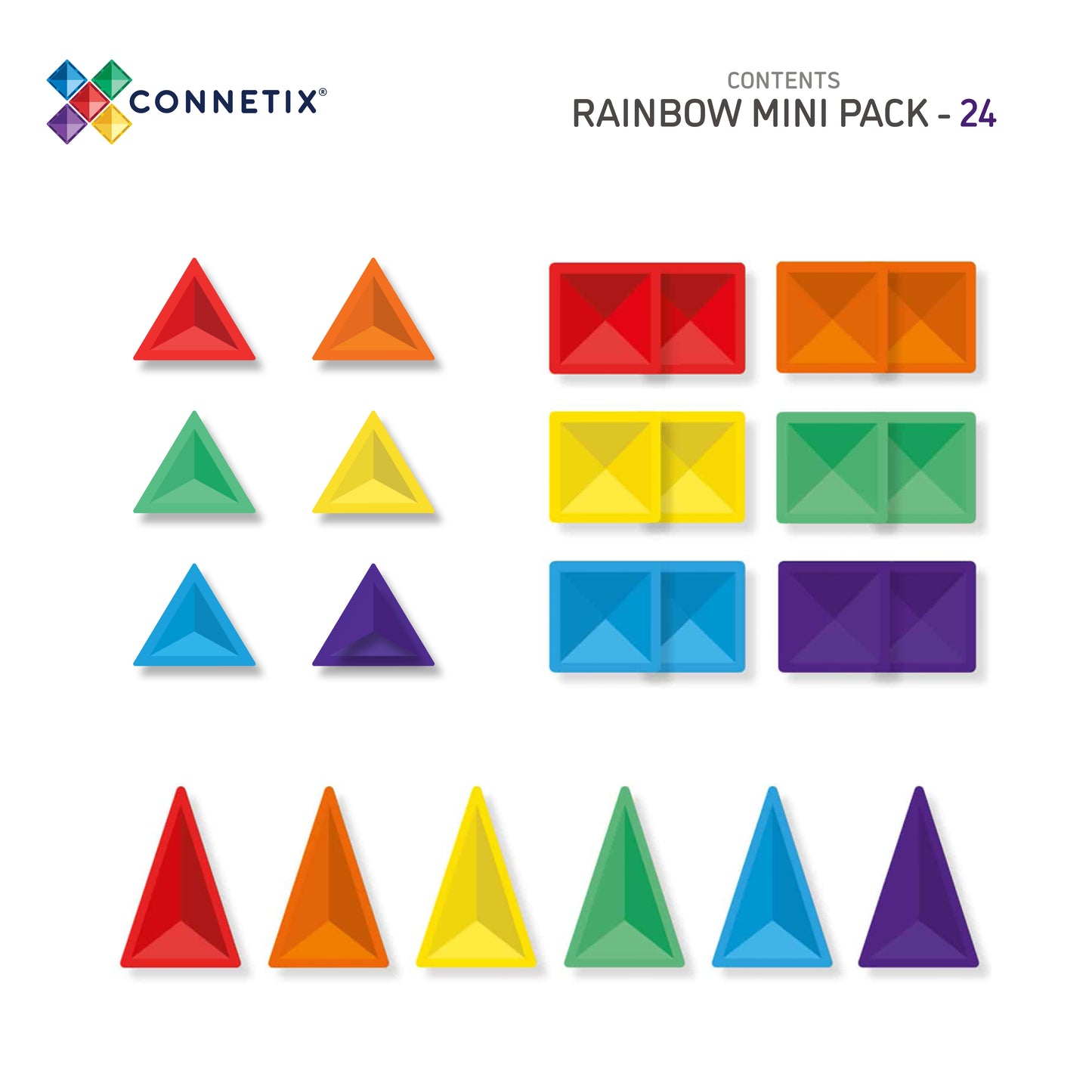 Connetix magnetische tegels inhoud Rainbow Mini Pack 24 stuks driehoeken en vierkanten