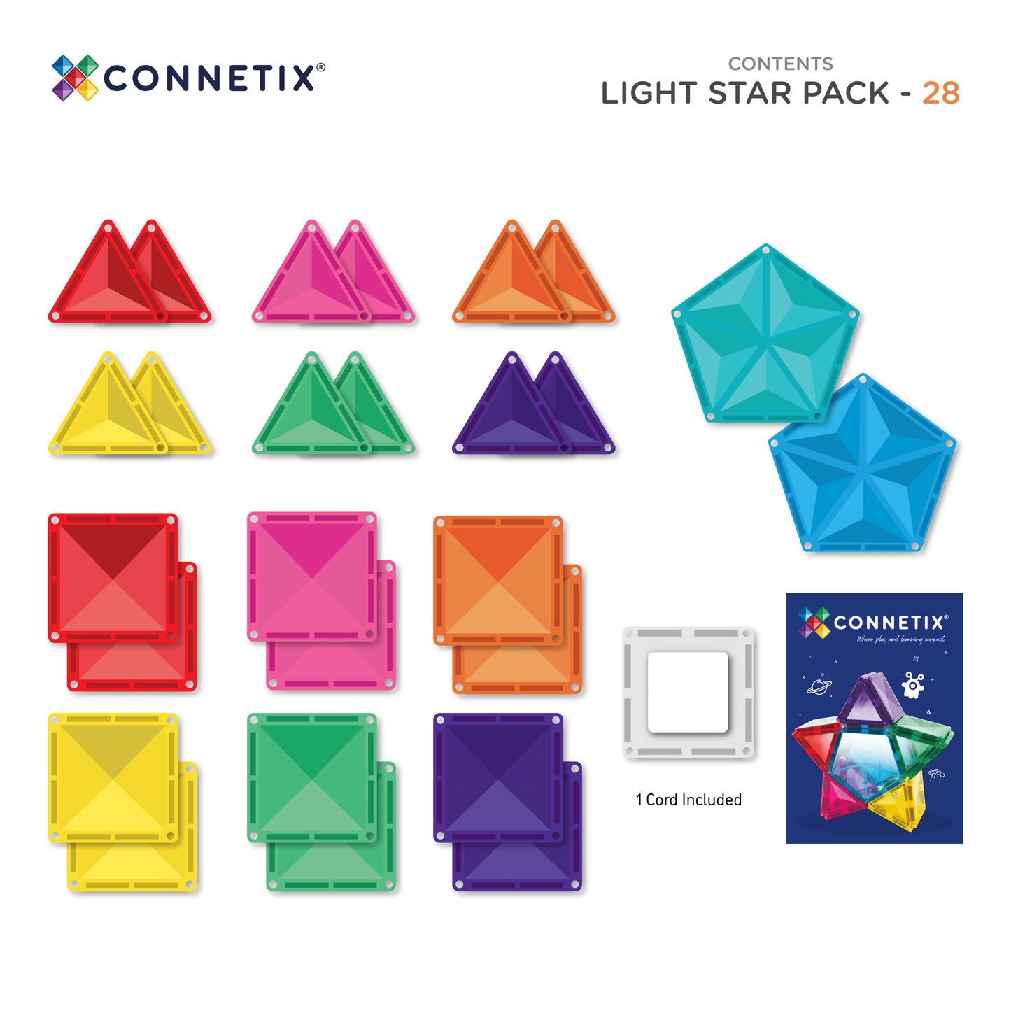 Connetix tiles overzicht met 28 stuks magnetische tegels, driehoeken, vierkanten en star light pack inhoud