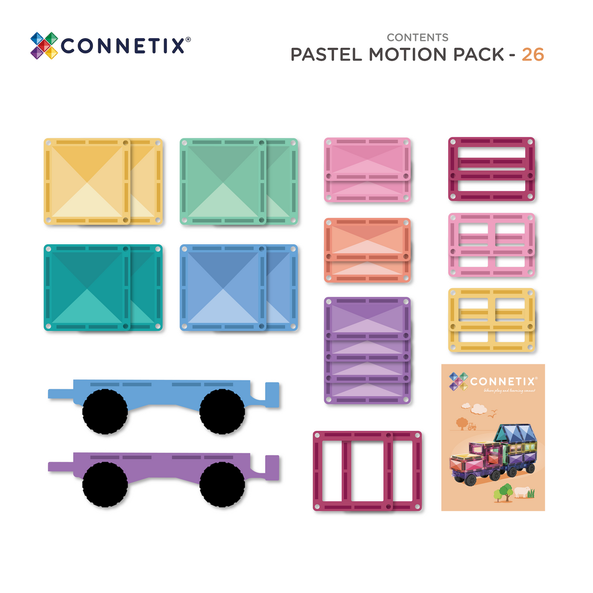 Connetix tiles bovenaanzicht: complete inhoud Pastel Motion Pack met 26 magnetische tegels en wielen